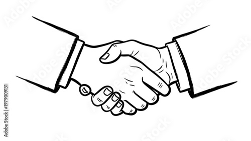 Dynamic black and white handshake drawing signifying business partnership, agreement, or cooperation. Ideal for conveying trust, teamwork, and successful deals in professional and corporate contexts.