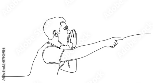 Continuous line drawing of a man shouting and pointing, symbolizing communication, instruction, or a call to action, ideal for clear messaging.