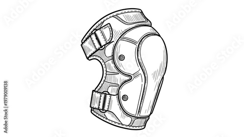 Detailed handdrawn sports protective pad, featuring durable straps and a sturdy shell, perfect for active lifestyle themes, athletic wear, and safety equipment promotions.