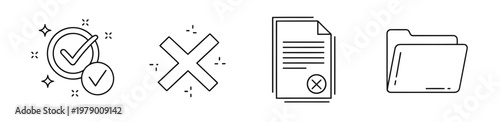 Clean line icons illustrating concepts of verification, error, rejected documents, and folder management, suitable for modern UI and process flows.