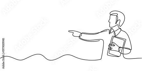Minimalist continuous line drawing of a man pointing, holding a tablet. Perfect for business, education, or directional guidance graphics.