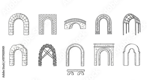 Diverse handdrawn architectural arches and a bridge. This collection features various styles including stone, brick, wood, and garden arches, ideal for historical or structural design projects.