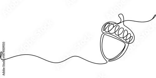 Minimalist single continuous line drawing of an acorn, ideal for seasonal events, organic branding, or natureinspired graphic designs and decorations.