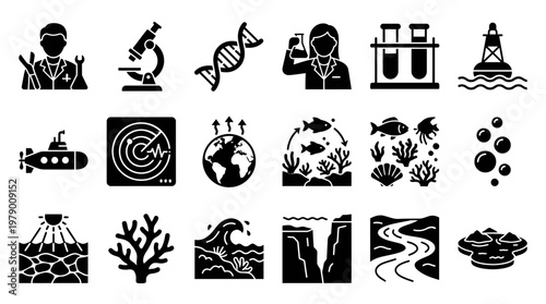 Comprehensive glyph icon set for marine science, oceanography, environmental research, and aquatic ecosystems, ideal for educational materials and scientific presentations.