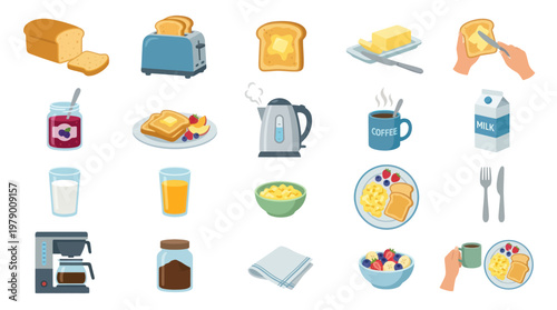 Breakfast Food Flat Vector Icons Collection for Morning Meal Elements