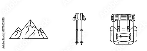 Set of minimalist line icons for outdoor adventure, featuring mountains, trekking poles, and a backpack, ideal for travel, hiking, and camping themed projects.