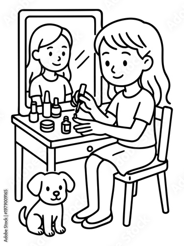 Girl's Beauty Ritual: A young girl at a vanity table with cosmetics, applying makeup while her dog watches, set in a charming line art illustration.