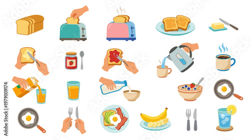 Flat Vector Illustration Set of Breakfast Food Items and Morning Meal Preparation Icons