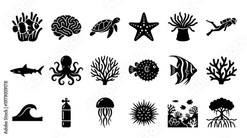 Variety of marine life and ocean environment icons featuring sea creatures, coral reefs, and diver. Ideal for aquatic themes.