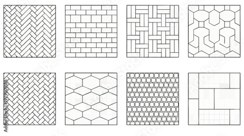 Minimalist vector graphic collection showing various paving patterns and floor tiling textures designed for architectural planning and modern landscape construction projects