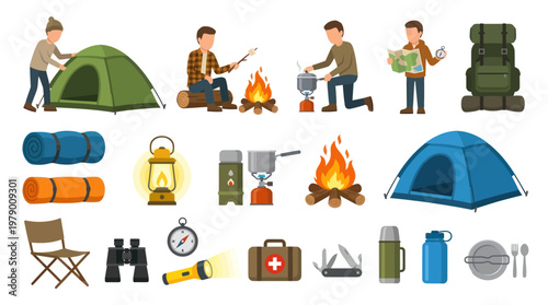 Flat Design Camping and Outdoor Adventure Vector Illustration Set with Gear and People