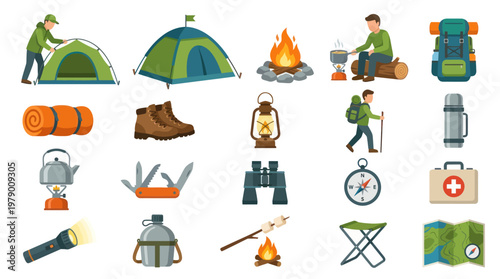 Flat Vector Camping and Hiking Gear Icons Set: Outdoor Adventure Essentials