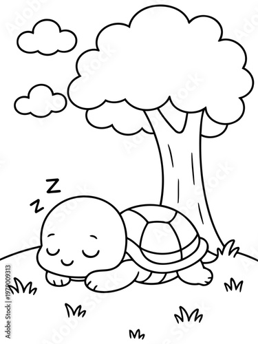 Dreamy Slumber: An endearing illustration portrays a peaceful turtle enjoying a nap under the gentle shade of a tree, surrounded by fluffy clouds and grassy patches.