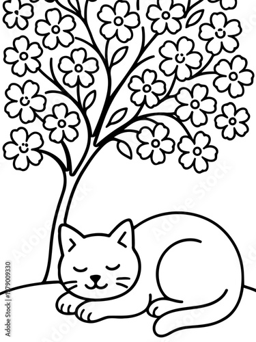 Serene Slumber: A peaceful cat finds solace under a blossoming tree, its eyes closed, embodying tranquility and contentment.