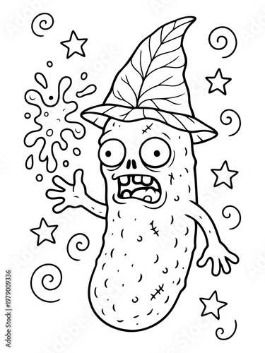 Whimsical Pickle Wizard Illustration: A quirky illustration of a pickle dressed as a wizard, complete with a leaf-shaped hat, conjuring a magical spell surrounded by stars and swirls.