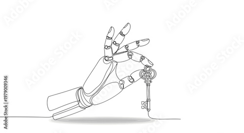 Minimalist continuous line drawing shows a robotic hand holding an antique key, representing innovation, access, digital security, and solutions in technology for futureoriented concepts.
