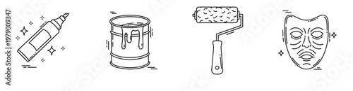 Monochrome line icons portraying creativity and expression including writing, painting, and drama, perfect for diverse visual communication projects.