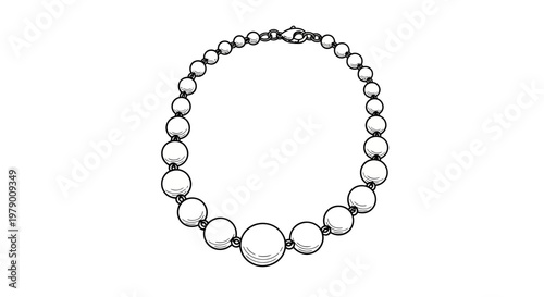 Monochrome line drawing of a pearl necklace with graduated beads and a clasp. Ideal for jewelry, fashion branding, and luxury product designs.