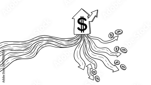 Handdrawn financial concept showing money flow from a dollar house branching into various market trends with coins for economic analysis and investment ideas.