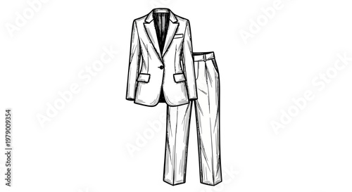 Hand drawn line sketch of an elegant womens pantsuit, perfect for depicting business attire, formal wear, and professional garment concepts.