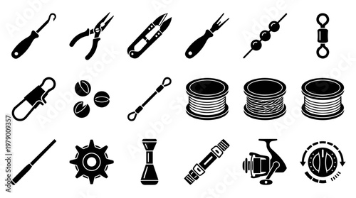 Set of fishing equipment icons including hook remover, pliers, line, reel, and various tackle. Perfect for outdoor sports and hobby designs.