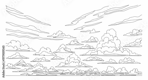 Set of handdrawn cloud outlines illustrating diverse sky formations, useful for overlays, educational materials, and atmospheric graphic compositions.