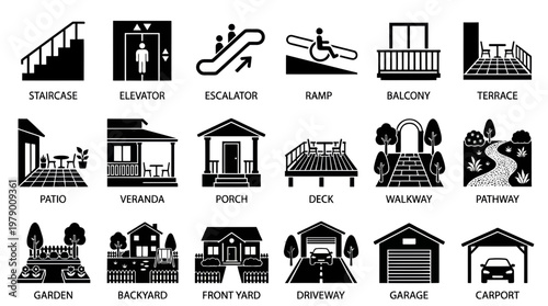 Essential architectural and outdoor property features icon set, including staircase, elevator, ramp, balcony, patio, garden, and garage, perfect for real estate, construction, and home