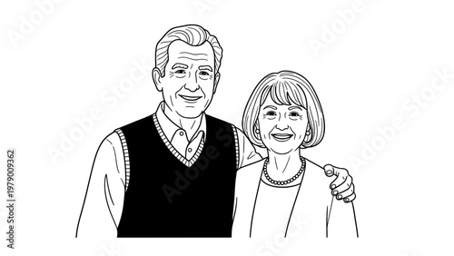 Line drawing of a smiling elderly couple embracing, symbolizing joy, partnership, and retirement. Ideal for themes of family, aging, and wellbeing.