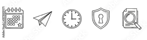 Set of hand drawn sketchy business and productivity icons featuring calendar paper airplane clock security shield and magnifying glass useful for various digital and print applications.