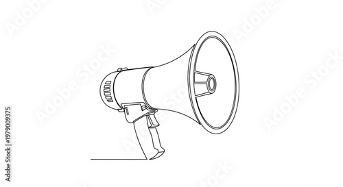 Continuous line drawing of a megaphone, symbolizing communication, announcement, or protest. Ideal for conveying important messages and broadcasting news with simplicity.