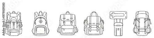 Assorted backpacks depicted in a handdrawn outline style, featuring different models for school, hiking, and travel, ideal for graphic resources and educational materials.