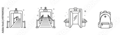 Collection of line icons for airport and travel security, including walkthrough metal detectors, an Xray baggage scanner, and a backpack, ideal for safety and inspection designs.