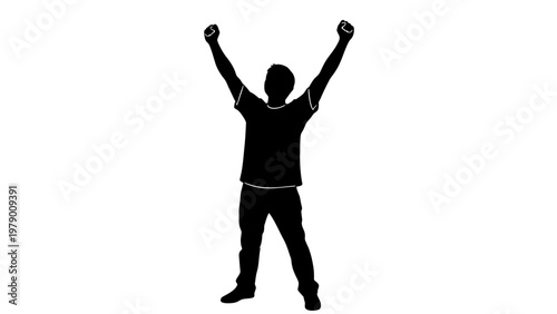 Dynamic silhouette of a man with arms raised in celebration, symbolizing victory and strong emotions, suitable for motivational or achievementrelated content.