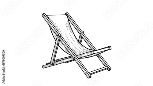 Detailed line drawing of a classic wooden deck chair for relaxation. Ideal for travel, summer, or leisure themed projects and promotional materials.