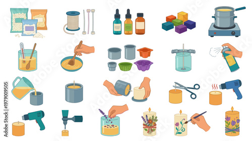 DIY Crafts Candle Making Process Steps Flat Vector Illustration Set