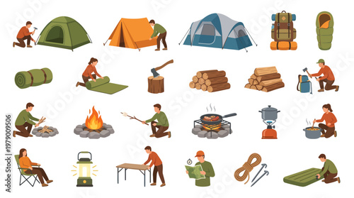 Outdoor Camping Flat Vector Illustration Set: Gear, Activities, and People in Nature
