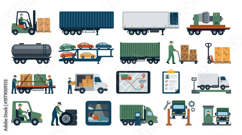 Flat Style Logistics and Delivery Icons - Trucks, Forklift, Warehouse