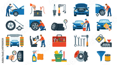 Flat Design Automotive Car Repair and Maintenance Icons Set