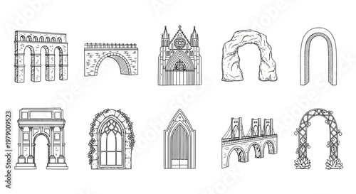 Hand drawn collection of architectural arches, bridges, and structures for diverse design projects, historical studies, and building concepts in sketch style.