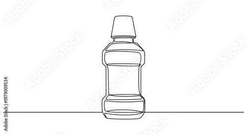 Minimalist continuous line drawing of a mouthwash bottle. Ideal for illustrating dental care, oral hygiene, and wellness product themes in various healthrelated materials.