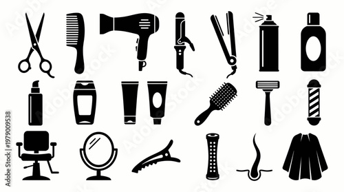 Essential hair salon equipment and personal care product icons, perfect for representing hairdressing services, barber shops, and beauty treatments.