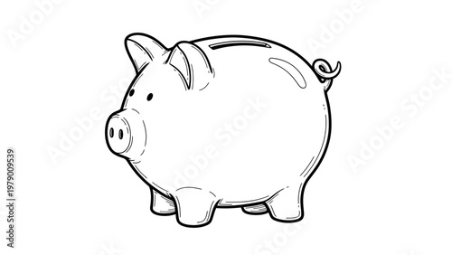Black outline piggy bank, symbol of money savings, finance, investment, and future financial planning for business and personal wealth.