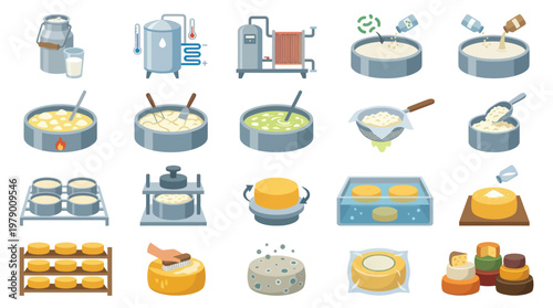 Flat Style Cheese Making Process Icons Set - Food Industry