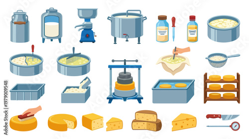 Flat Vector Icons of Dairy Cheese Making Equipment and Tools