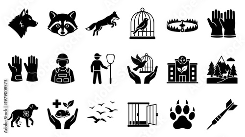 Black glyph icons featuring animals, wildlife care, trapping, and rescue. Useful for environmental and veterinary projects, symbolizing protection and conservation.