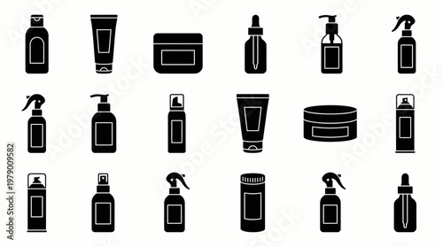 Diverse cosmetic product containers, personal care bottles, and skincare packaging silhouettes for beauty product branding, marketing, and web icons.