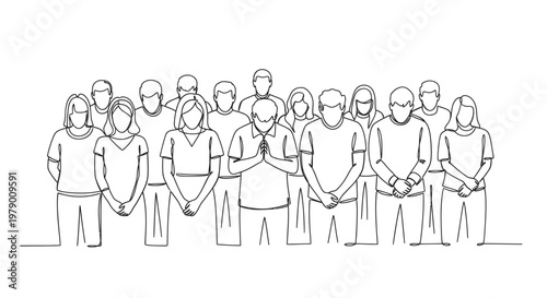 Continuous line drawing showing a group of people standing together, one in a prayer pose, symbolizing community, unity, and respect for spiritual and social concepts.