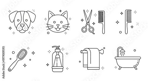 Set of outline vector icons depicting pet grooming and bathing essentials including animals and care tools for commercial or informational uses.