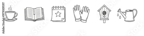 Hand drawn outline icons featuring coffee, book, calendar, glove, birdhouse, and watering can. Ideal for web, print, or educational use in various creative projects.