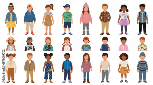 Diverse kids in casual clothes, flat illustration, vector art